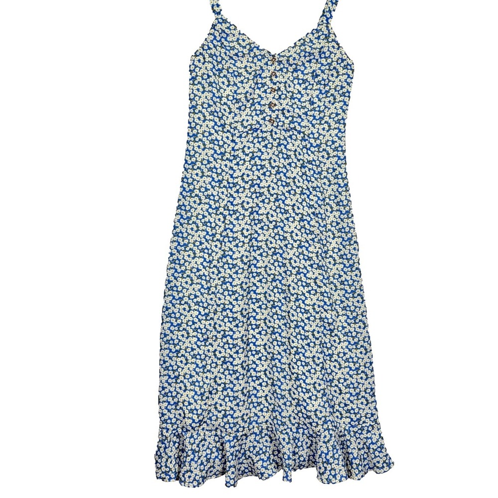 Lulus Midi Ruffle Hem Sun Dress V-Neck Size XS Blue Floral White Daisies Lined